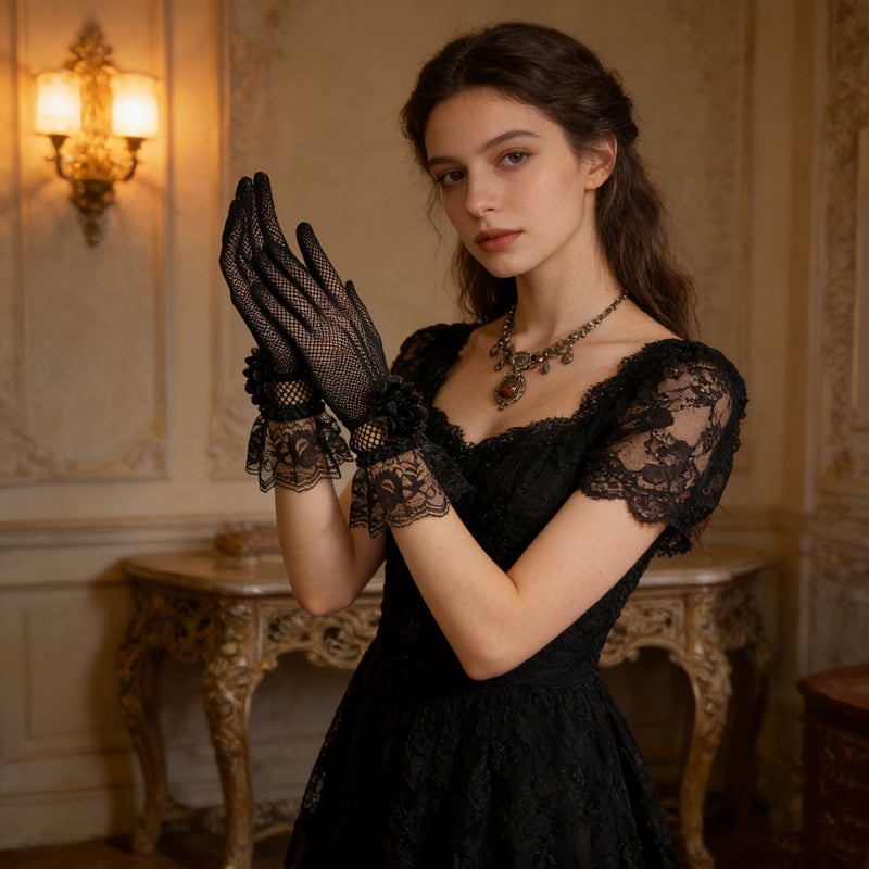 Black Lace Flower Mesh Gloves For Gothic Halloween Party Vintage Court Dinner Outfits Photo Shoot Decorations Christmas Costume New Year Fantasy Look - Image 3