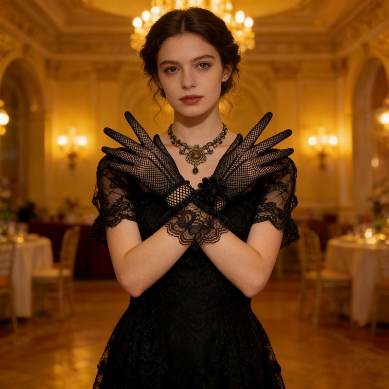 Black Lace Flower Mesh Gloves For Gothic Halloween Party Vintage Court Dinner Outfits Photo Shoot Decorations Christmas Costume New Year Fantasy Look - Image 4