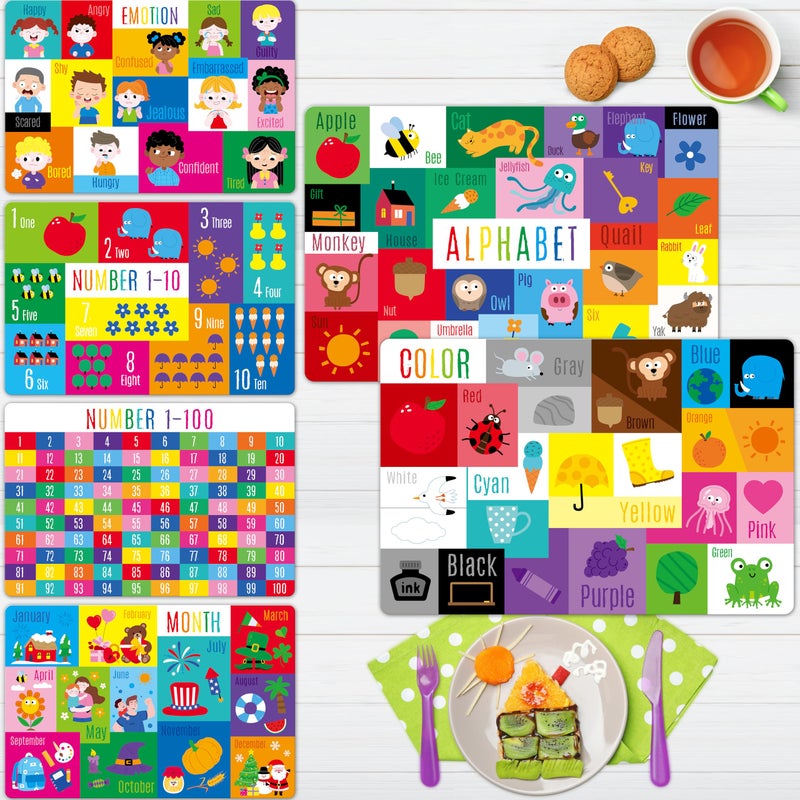 SpriteGru 6 Pack Placemats for Kids, Non-Slip Washable, Reusable Alphabet, Number, Month, Color & Emotion Educational Placemats for Home, Kindergarten, Classroom, Nursery - Image 1