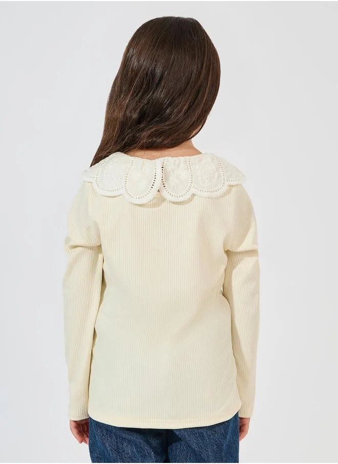 Styli Ruffled Bib Detail Rib Knit Top