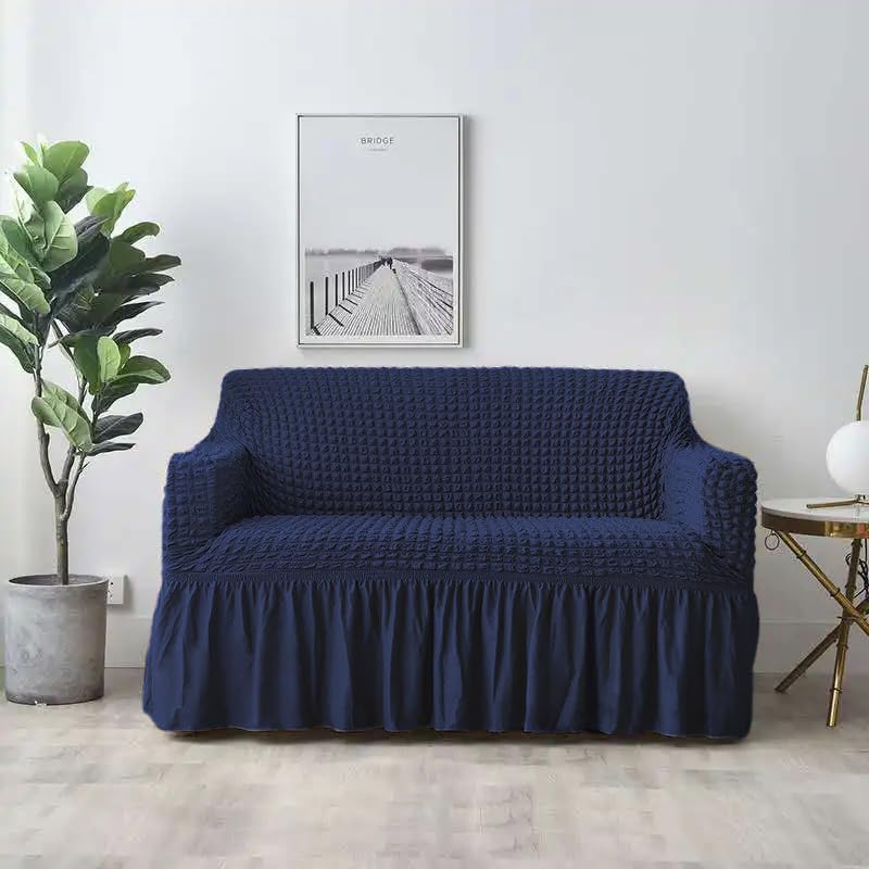 Tony Stark Frill Design One Seater Elastic Stretchable Turkish Bubble sofa slipcover Durable Washable Universal High Elastic Furniture Protector 1 Seater Navy Blue 90145cm - Image 1