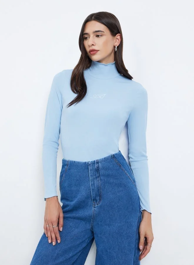 Take Two Take Two Blue Embroidered High Neck T-Shirt