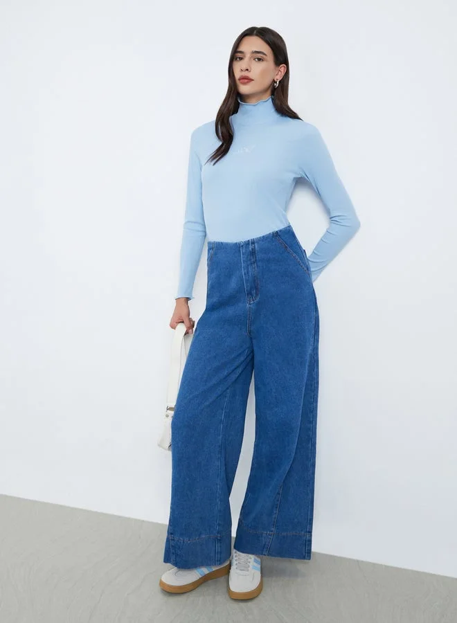 Take Two Take Two Blue Embroidered High Neck T-Shirt