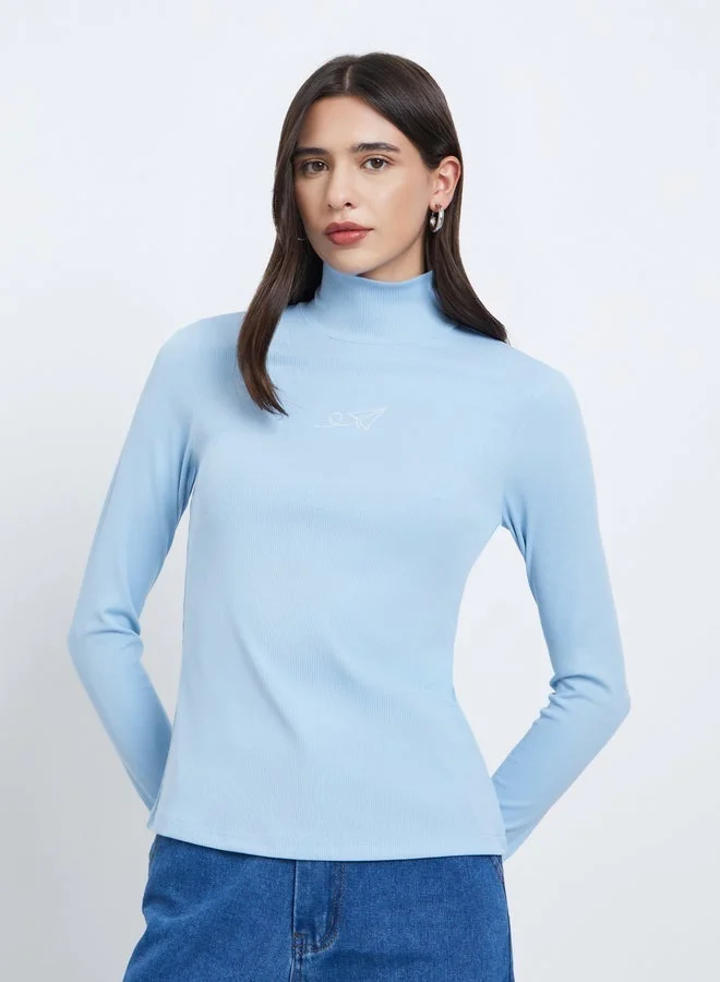 Take Two Take Two Blue Embroidered High Neck T-Shirt