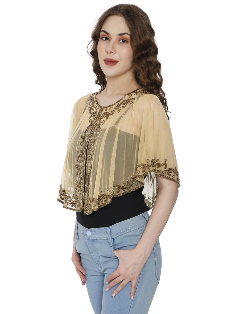 Matelco Women's Cape Poncho With Beads Embroidery (Golden) - Image 2