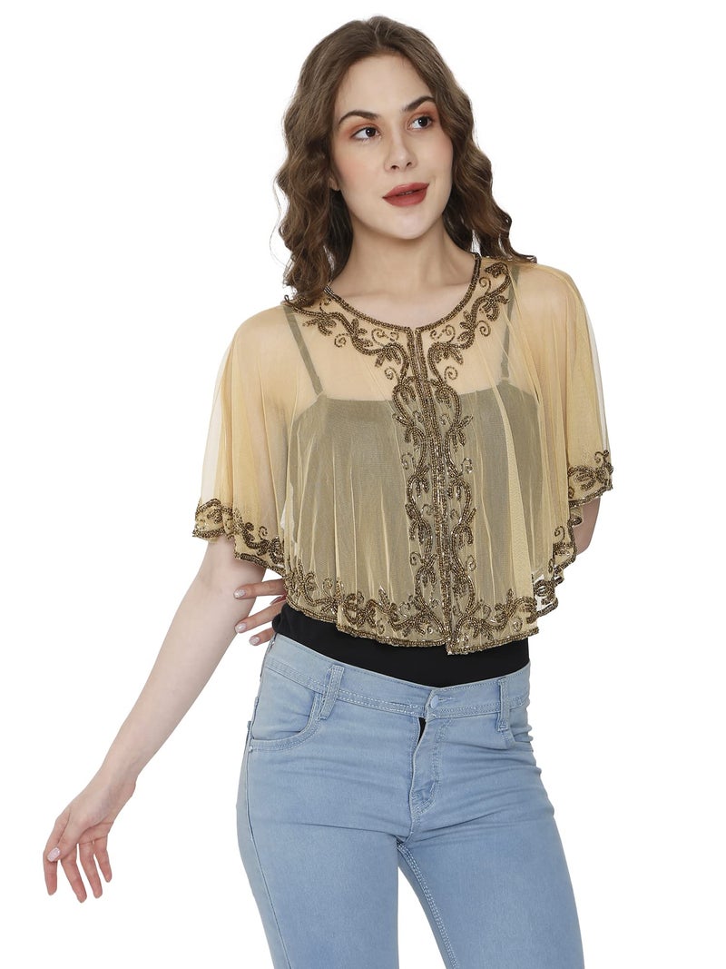 Matelco Women's Cape Poncho With Beads Embroidery (Golden) - Image 3