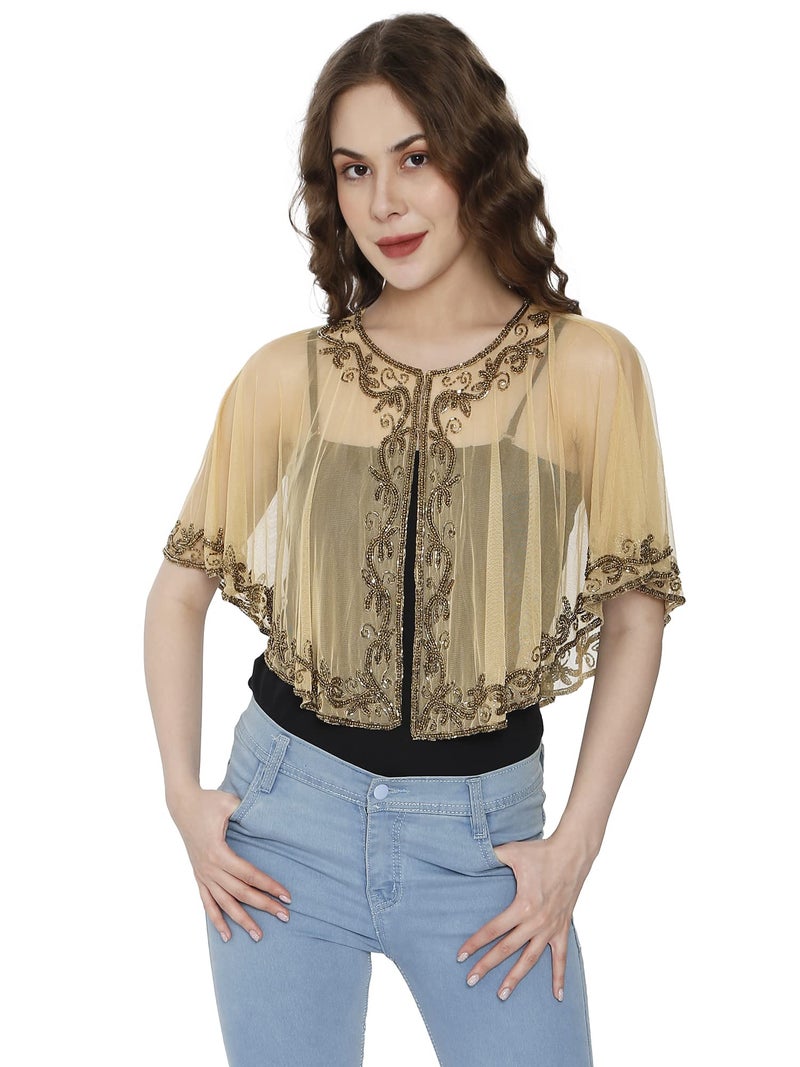 Matelco Women's Cape Poncho With Beads Embroidery (Golden) - Image 1