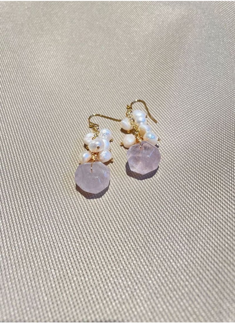 General 925 Silver-Plated 18KGold Inlaid Natural Freshwater Pearls And Natural Pink Crystals/Original Handmade Earrings  - Image 3