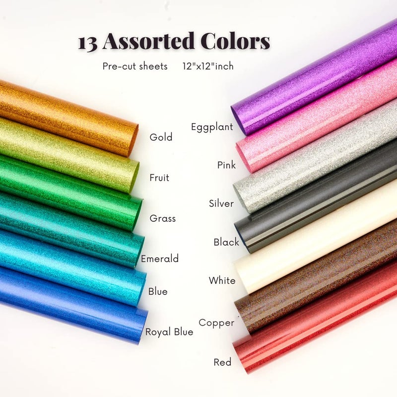 FANSGUAR Glitter HTV Heat Transfer Vinyl 12"x12" Bundle 13 Sheets Iron on Vinyl for T-Shirts Gifts Design(Assorted) - Image 2