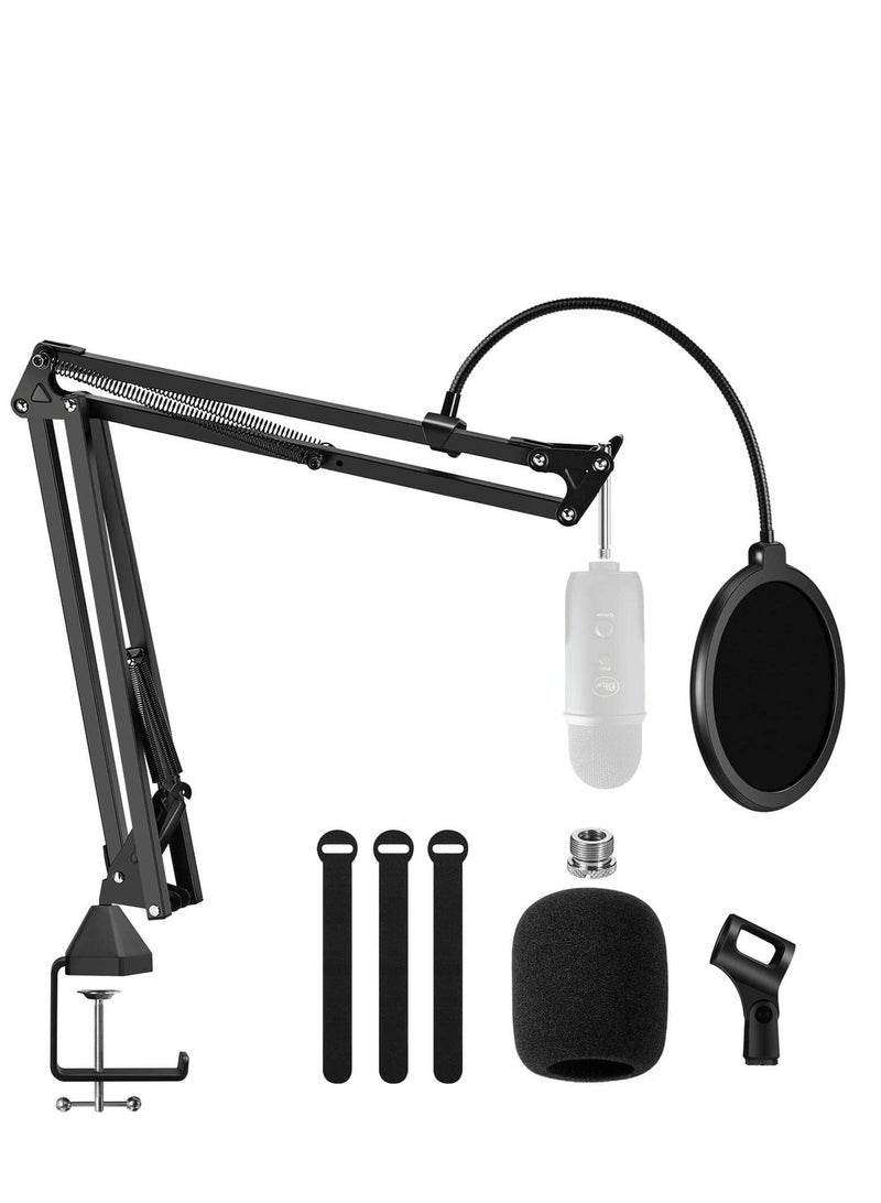 WALALLA Adjustable Suspension Boom Scissor Upgraded Heavy Duty Clamp Microphone Arm Stand With Pop Filter, 3/8 To 5/8 Adapter, Mic Clip, For Blue Yeti Nano Snowball Ice And Other(without Microphone) - Image 1