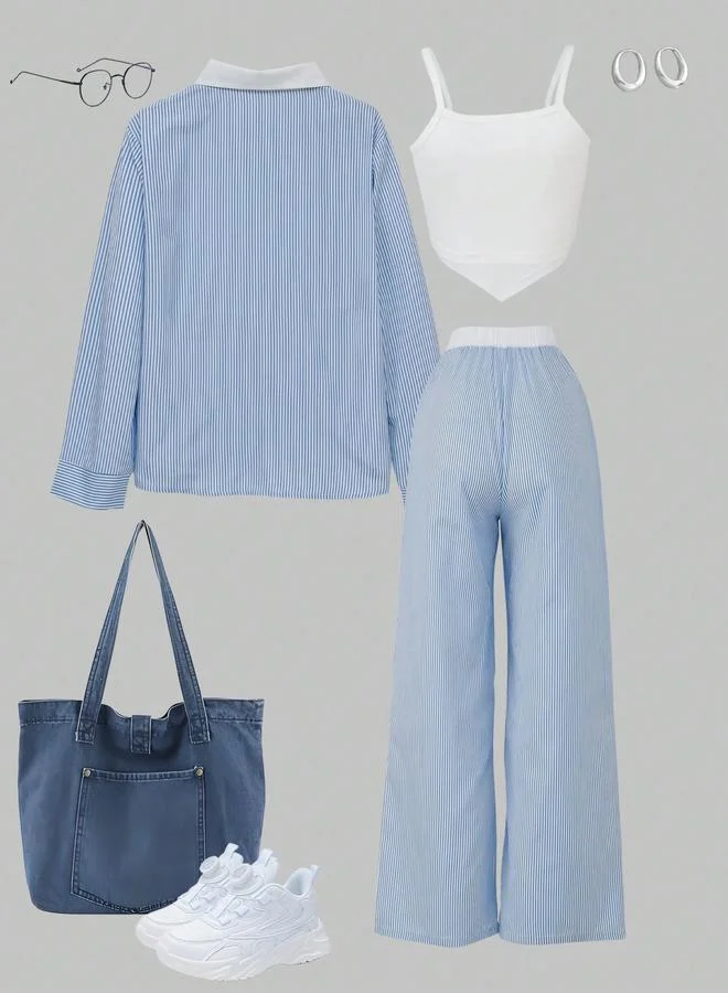 تايك تو Girls Printed Top, Striped Shirt and Pants Set