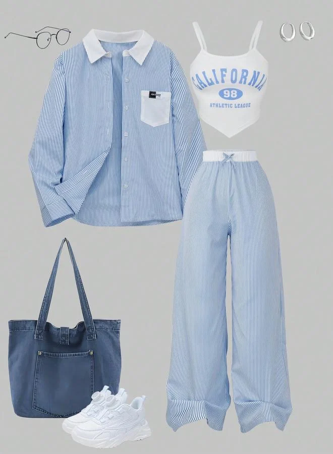 تايك تو Girls Printed Top, Striped Shirt and Pants Set