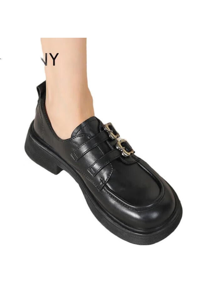 Josiny Ni Women'S Spring Retro French British Style Single Shoes Thick-Soled All-Match Black Loafers Black 37 - Image 1