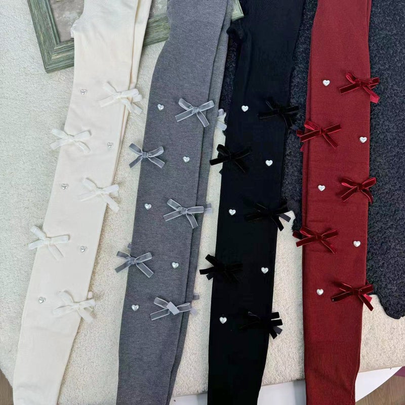 800D Bow Pearl Pinstripe Pantyhose Lolita Fleece-Lined Ankle Red Foot Baby Velvet Leggings - Image 2