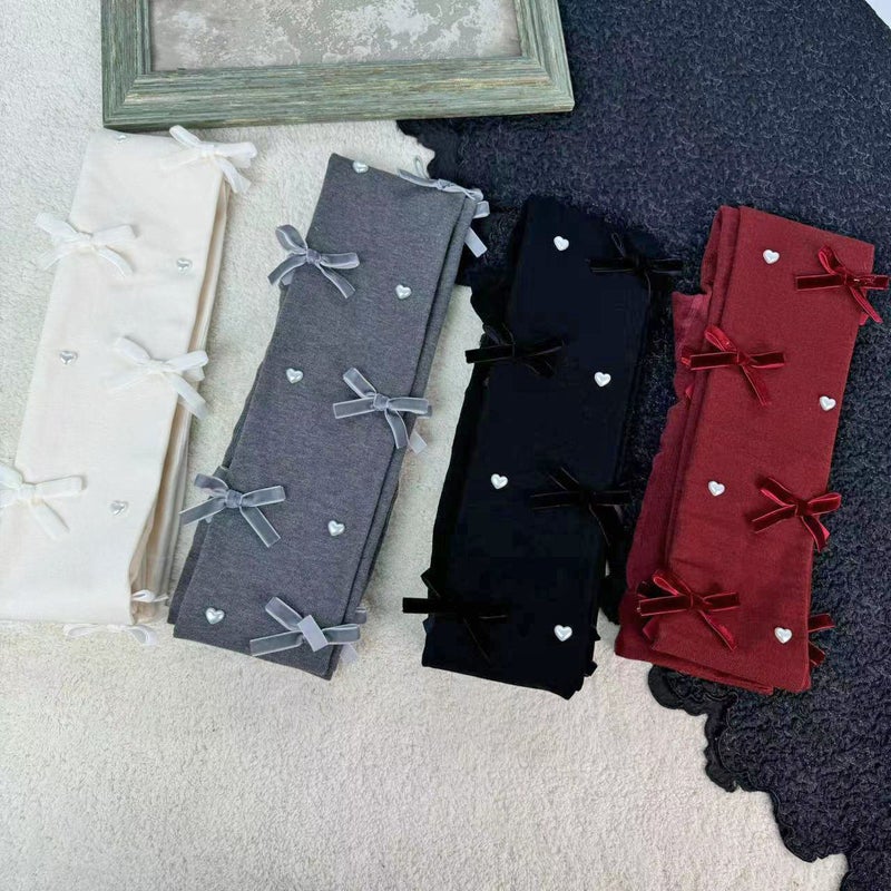 800D Bow Pearl Pinstripe Pantyhose Lolita Fleece-Lined Ankle Red Foot Baby Velvet Leggings - Image 4
