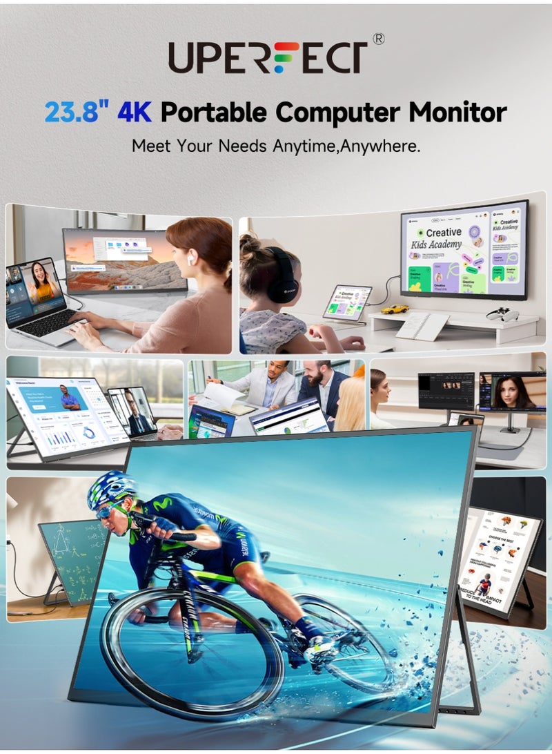 أوبيرفكت شاشة محمولة UPERFECT للكمبيوتر المحمول 23.8 بوصة 3840*2160 QLED 4K 60 هرتز USB C ومنفذ Mini HDMI شاشة ثانية/هاتف/وحدة تحكم ألعاب، قابلة للتركيب على VESA - Image 2