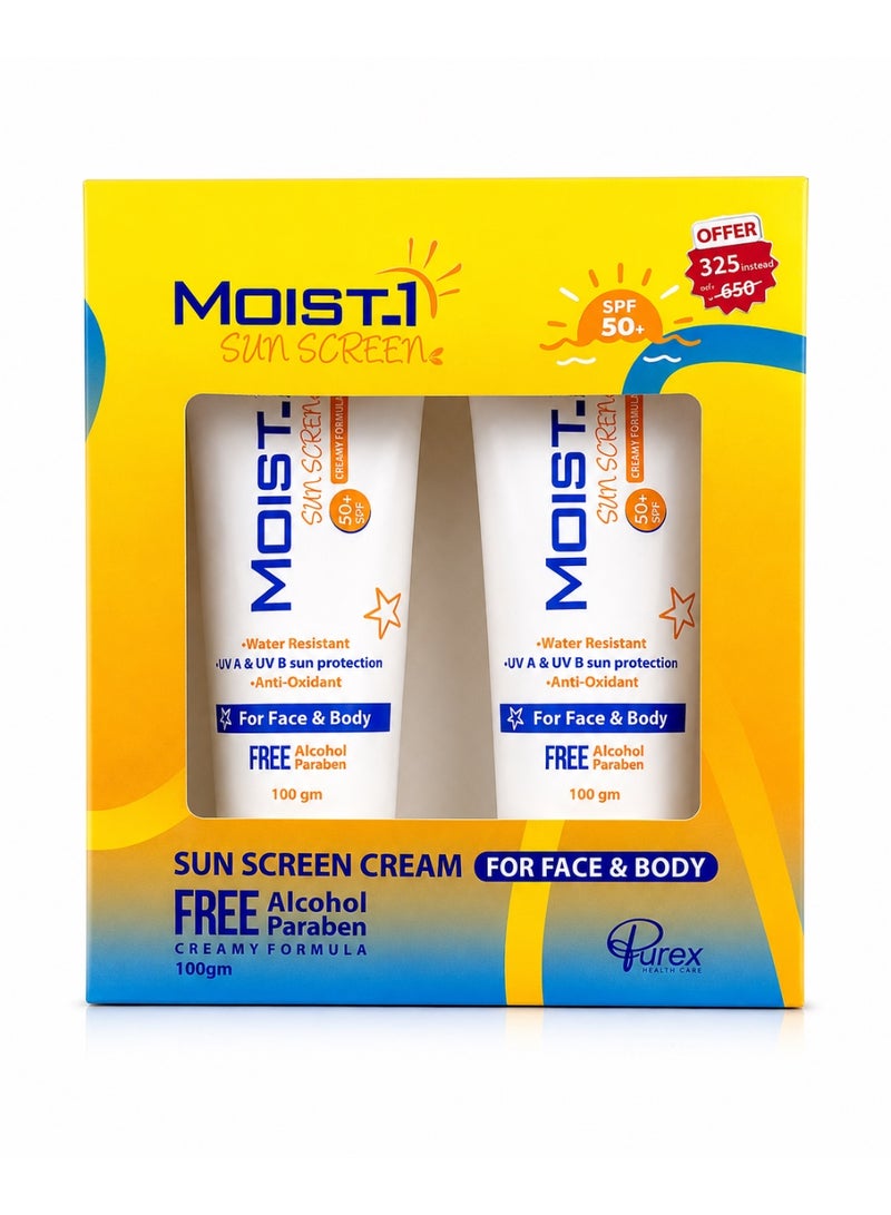 كريم واقي من الشمس MOIST.1 بعامل حماية 50+ للوجه والجسم - مقاوم للماء - حماية من الأشعة فوق البنفسجية UVA و UVB - مضاد للأكسدة - خالٍ من الكحول والبارابين - تركيبة كريمية - 100 غرام (عبوة مزدوجة)