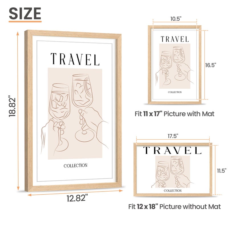 upsimples 12x18 Frame, Natural Solid Wooden Picture Frames, Display 11x17 with Mat or 12 x 18 Without Mat, Vertical or Horizontal Wall Hanging, 1 Pack, Natural - Image 2