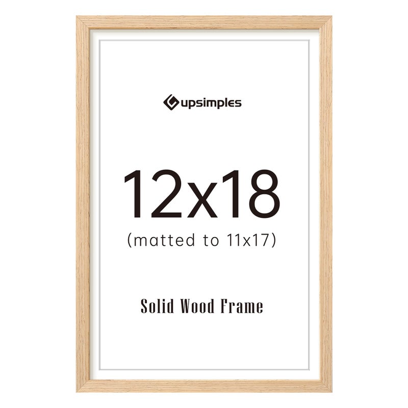 upsimples 12x18 Frame, Natural Solid Wooden Picture Frames, Display 11x17 with Mat or 12 x 18 Without Mat, Vertical or Horizontal Wall Hanging, 1 Pack, Natural - Image 1