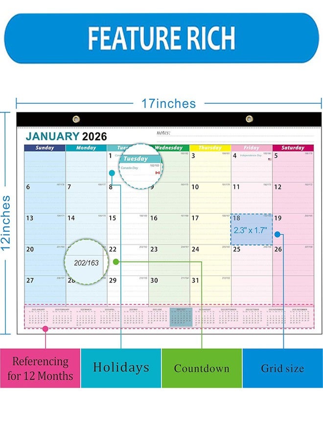 تقويم مكتبي 2026 - تقويم حائطي من يناير 2026 إلى يونيو 2027، تقويم شهري كبير بحجم 17 × 12 بوصة مع غطاء شفاف مقاوم للماء لتنظيم مكتب المنزل أو المدرسة أو المكتب - Image 3