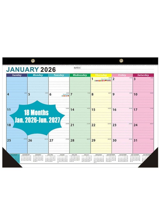 تقويم مكتبي 2026 - تقويم حائطي من يناير 2026 إلى يونيو 2027، تقويم شهري كبير بحجم 17 × 12 بوصة مع غطاء شفاف مقاوم للماء لتنظيم مكتب المنزل أو المدرسة أو المكتب - Image 1