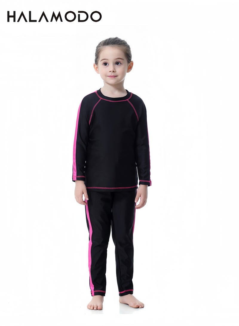 Halamodo Modest Full Coverage Swimsuit 3 Pieces Set, Long Sleeve Rash Guard Top + Long Swim Pants + Swimming Cap, UPF 50+ UV Protection Quick Dry Conservative Swimwear for Kids Beach Pool - Image 2