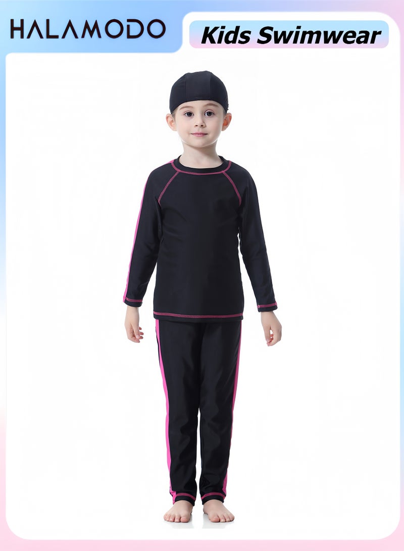 Halamodo Modest Full Coverage Swimsuit 3 Pieces Set, Long Sleeve Rash Guard Top + Long Swim Pants + Swimming Cap, UPF 50+ UV Protection Quick Dry Conservative Swimwear for Kids Beach Pool - Image 1