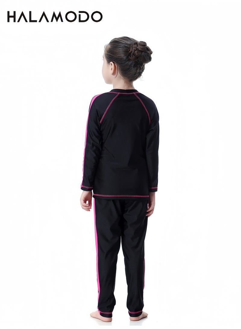 Halamodo Modest Full Coverage Swimsuit 3 Pieces Set, Long Sleeve Rash Guard Top + Long Swim Pants + Swimming Cap, UPF 50+ UV Protection Quick Dry Conservative Swimwear for Kids Beach Pool - Image 3