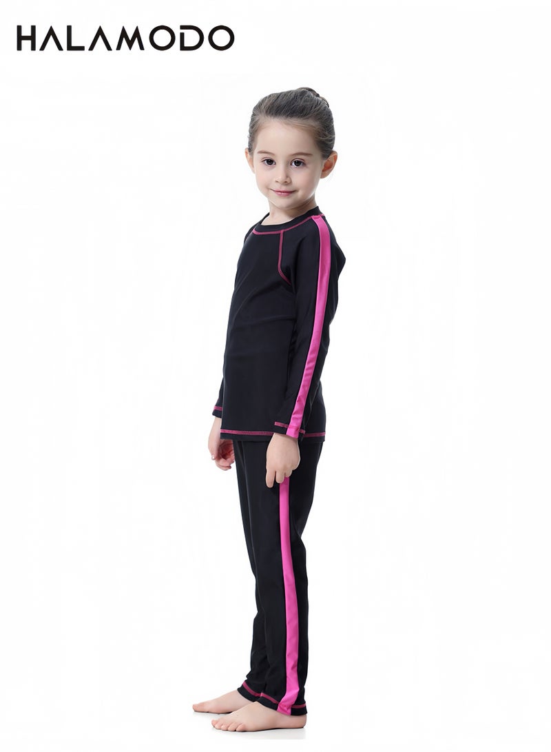 Halamodo Modest Full Coverage Swimsuit 3 Pieces Set, Long Sleeve Rash Guard Top + Long Swim Pants + Swimming Cap, UPF 50+ UV Protection Quick Dry Conservative Swimwear for Kids Beach Pool - Image 4