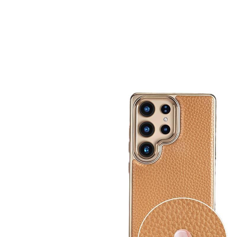 غطاء واقي بملمس جلد لـ Samsung Galaxy S24 Ultra باللون بني مغناطيسي بوظيفة حامل مع حماية من السقوط ومقاومة بصمات الأصابع مع مقاوم للصدمات مع حامل قائم مع مغناطيس قوي للعائلة - Image 5