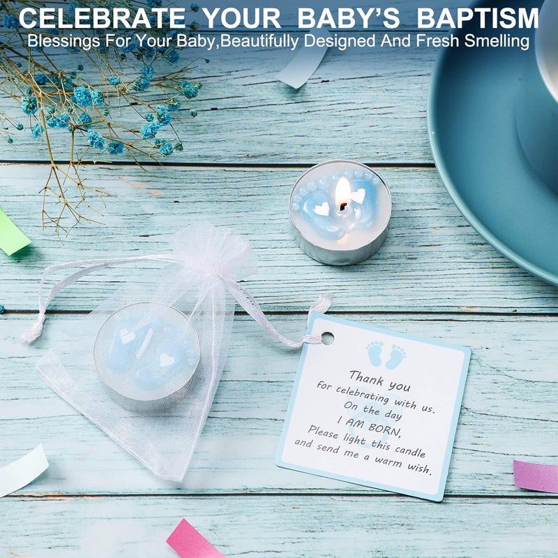 Treela 20 Sets Baby Shower Party Favors Tea Lights Candles for Guests Cute Baby Feet Shaped Burning Thank You Tags Return Gifts for Baby Shower(Blue) - Image 5