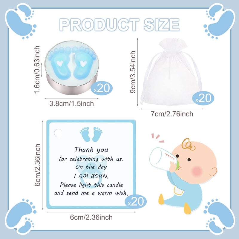Treela 20 Sets Baby Shower Party Favors Tea Lights Candles for Guests Cute Baby Feet Shaped Burning Thank You Tags Return Gifts for Baby Shower(Blue) - Image 2