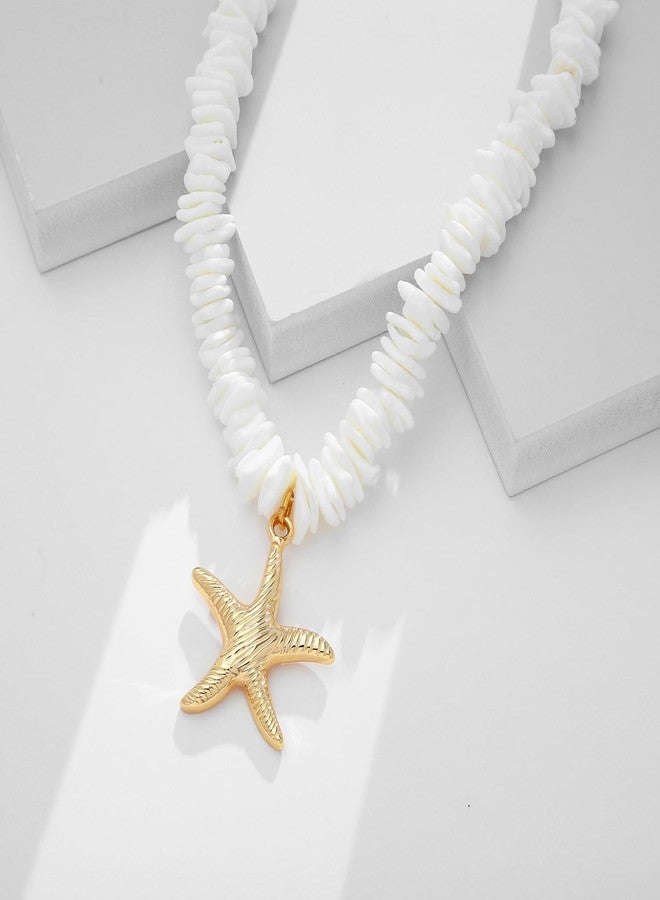 HolidayQbee Gold Starfish Pendant Necklace For Women Starfish Necklace With White Beach Puka Shell Chain Necklace Starfish Choker Necklace Ocean Beach Beaded Fashion Chic Jewelry - Image 5