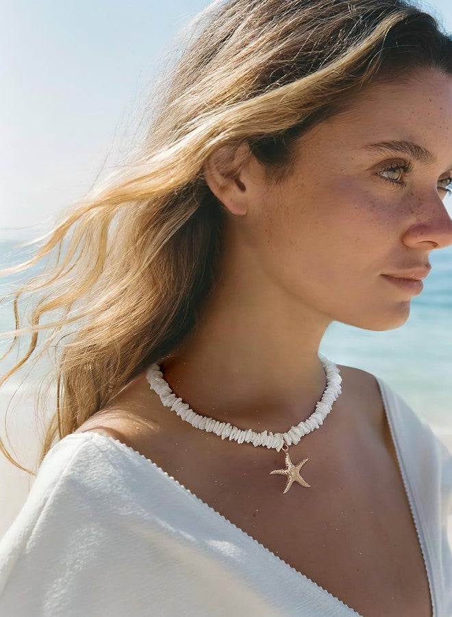 HolidayQbee Gold Starfish Pendant Necklace For Women Starfish Necklace With White Beach Puka Shell Chain Necklace Starfish Choker Necklace Ocean Beach Beaded Fashion Chic Jewelry - Image 4