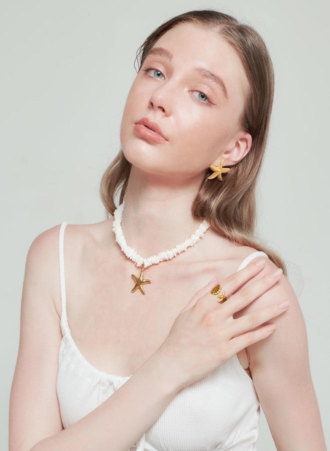 HolidayQbee Gold Starfish Pendant Necklace For Women Starfish Necklace With White Beach Puka Shell Chain Necklace Starfish Choker Necklace Ocean Beach Beaded Fashion Chic Jewelry - Image 2