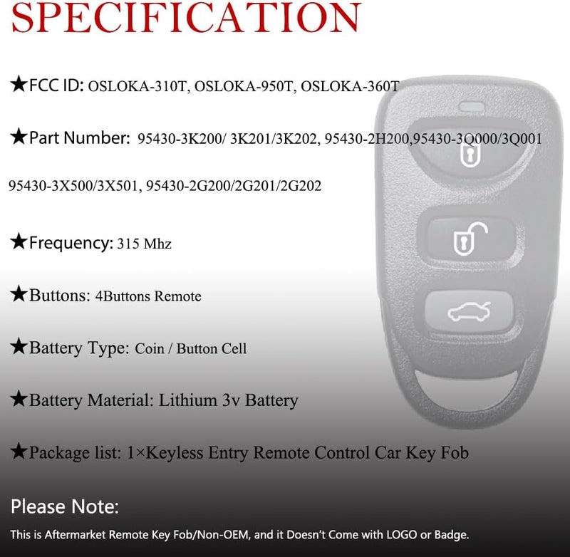 MechanMagic Key Fob Remote Replacement Fits for Hyundai Elantra 2006-2016/Sonata 2007-2015/Kia Optima 2006-2010 OSLOKA-950T/310T/360T Keyless Entry Remote Control 315MHz - Image 3