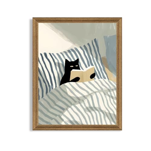 Fantasy Artists Reading Black Cat on Bed Wood Framed Wall Art, Easy to Hang Fade Resistant Art Prints, Perfect for Bedroom Living Room Bathroom Home Office Wall Decor, 8x10 Inches - Image 1