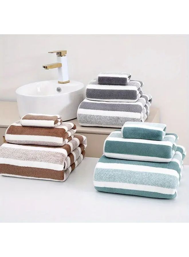 Coral Fleece Striped Luxury Bath Towels Set Super Soft And Absorbent Coffee Color - Image 2