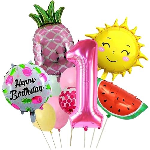 Pop The Party 1st Birthday Balloon Decoration Set for Baby Girl – Tropical Theme Foil Balloons with Pineapple, Sun, Watermelon, Happy Birthday & Pink Number 1 – First Birthday Party Supplies - Image 1