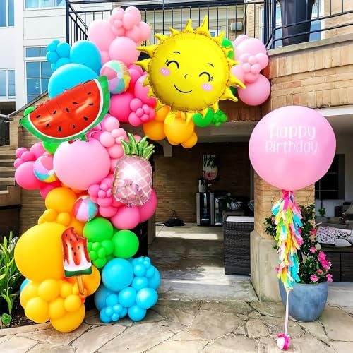 Pop The Party 1st Birthday Balloon Decoration Set for Baby Girl – Tropical Theme Foil Balloons with Pineapple, Sun, Watermelon, Happy Birthday & Pink Number 1 – First Birthday Party Supplies - Image 5