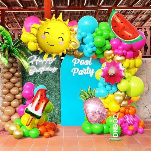 Pop The Party 1st Birthday Balloon Decoration Set for Baby Girl – Tropical Theme Foil Balloons with Pineapple, Sun, Watermelon, Happy Birthday & Pink Number 1 – First Birthday Party Supplies - Image 3