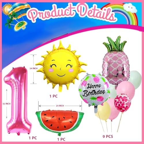 Pop The Party 1st Birthday Balloon Decoration Set for Baby Girl – Tropical Theme Foil Balloons with Pineapple, Sun, Watermelon, Happy Birthday & Pink Number 1 – First Birthday Party Supplies - Image 2