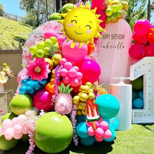 Pop The Party 1st Birthday Balloon Decoration Set for Baby Girl – Tropical Theme Foil Balloons with Pineapple, Sun, Watermelon, Happy Birthday & Pink Number 1 – First Birthday Party Supplies - Image 4