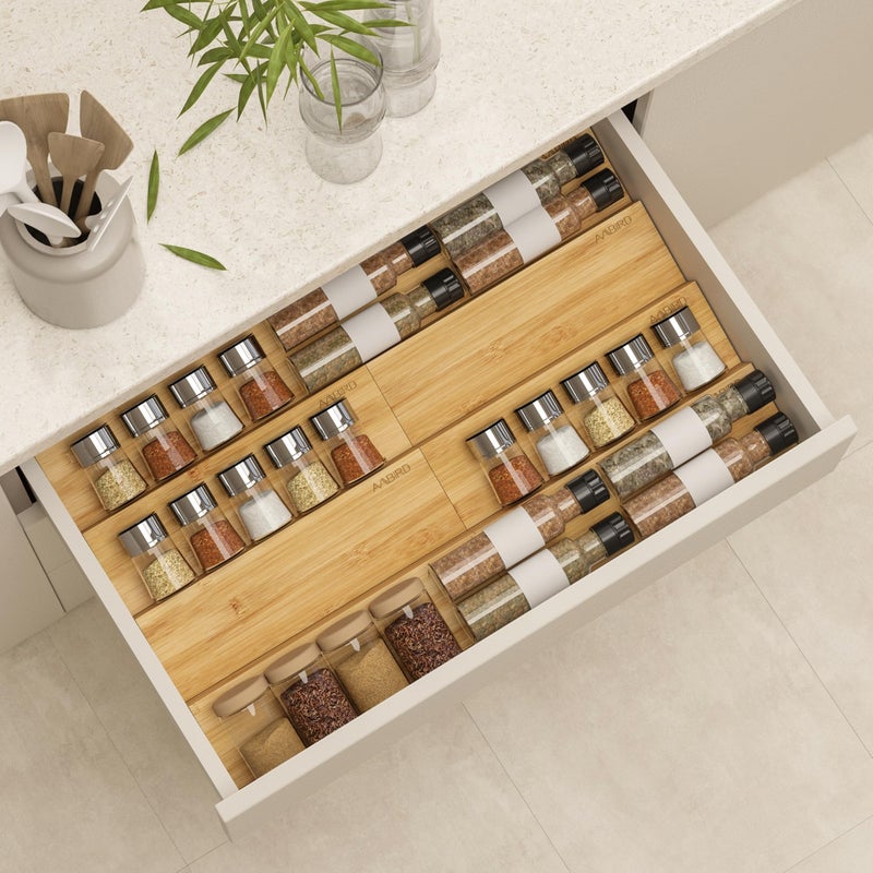 AMBIRD Bamboo Spice Drawer Organizer with Nonslip Mat4 Tier 2 Set Jar Spice Rack Tray From 95to 19 Seasoning Organizer for KitchenCabinetDrawersCountertop - Image 2