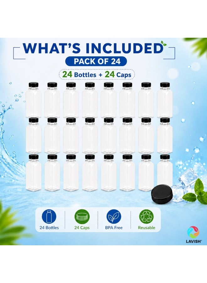 Lavish Empty Plastic Reusable Square Bottles 24Pcs 250ml/8Oz | Transparent Juice, Milk, Water Storage Containers with Black Caps | Portable Travel Size Beverage Bottles - Image 2