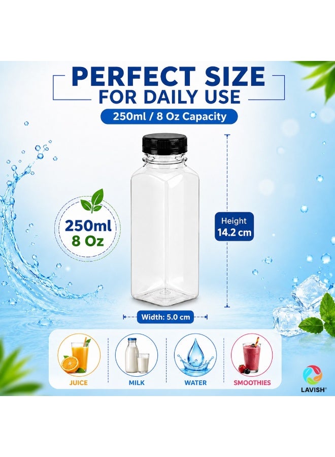 Lavish Empty Plastic Reusable Square Bottles 24Pcs 250ml/8Oz | Transparent Juice, Milk, Water Storage Containers with Black Caps | Portable Travel Size Beverage Bottles - Image 3