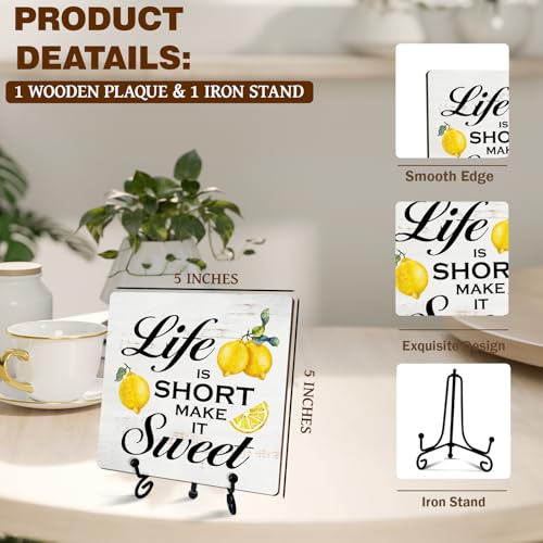 Kqfdr Lemon Kitchen Decor - Lemon Decorations for Kitchen - Rustic Farmhouse Wooden Sign with Stand for Home Office Table Shelf -A01 - Image 2