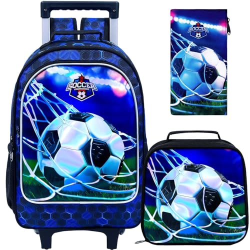 gxtvo Rolling Backpack for Boys, Roller Wheeled Bookbag - Wheeled Elementary School Bag - 3PCS Soccer Backpack - Image 1