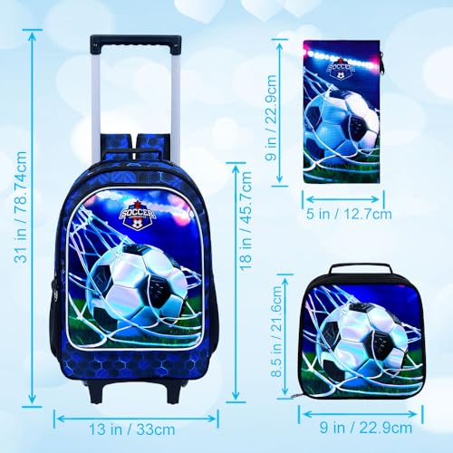 gxtvo Rolling Backpack for Boys, Roller Wheeled Bookbag - Wheeled Elementary School Bag - 3PCS Soccer Backpack - Image 4