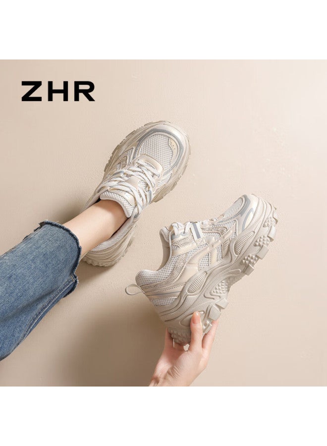 Zhr Women's Dad Sneakers Spring Autumn Lightweight Thick Sole New Casual Sports Shoes Id53 Gold Size 39 - Image 1